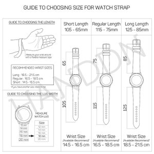 May include: Guide to choosing the right size for a watch strap.  The guide includes a diagram of a wrist measurement, recommended wrist sizes in centimetres, and a diagram of watch lug widths in millimetres.  The guide also includes three different strap lengths: short, regular, and long.