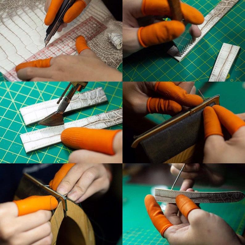 May include: A collage of images showing the process of crafting watch straps. The images show the use of tools like a ruler, knife, and heat tool. The crafter is wearing orange finger protectors while working with leather.