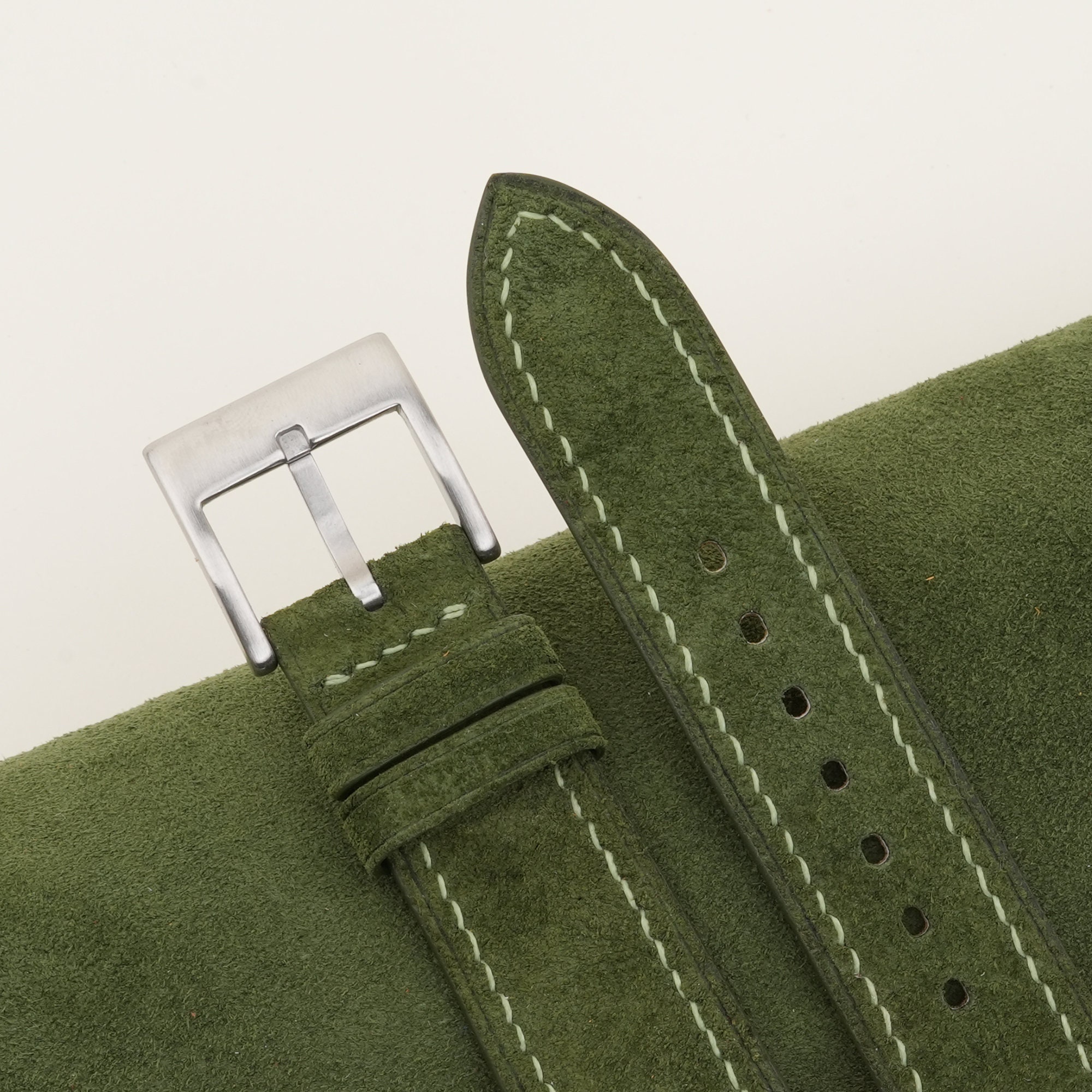 Fixed Strap Fixed Bars Green Suede Leather Watch Strap, Open Ends Handmade Strap ...