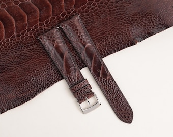 Curved End Padded Dark Brown Ostrich Leg Leather Watch Strap for