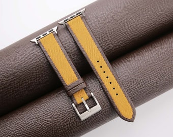 Handmade Golden Sailcloth Brown Epsom Leather Apple Watch Band