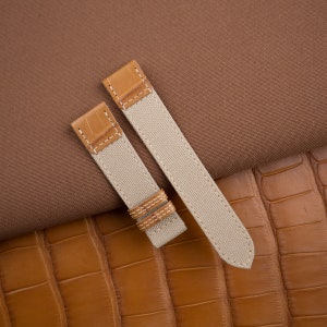 Handmade Folded Edges Beige Sailcloth Mix Alligator Watch Strap, Sailcloth Beige Strap Band 18mm 20mm 22mm Customize Any Size