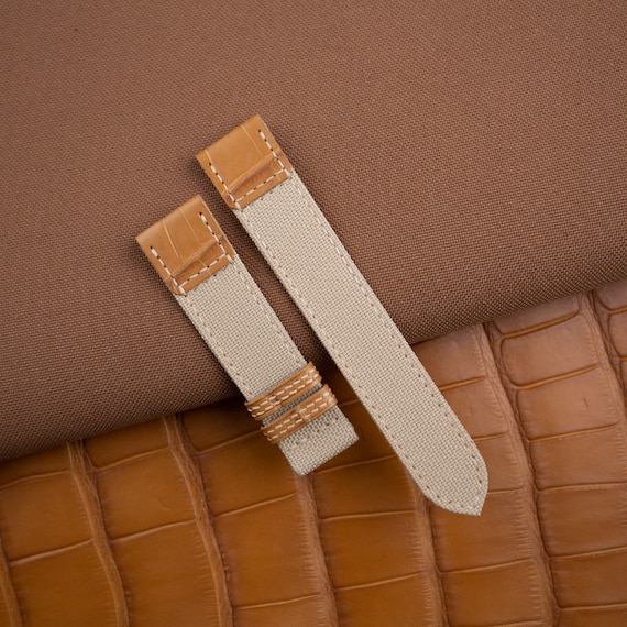 Handmade Folded Edges Beige Sailcloth Mix Alligator Watch Strap, Sailcloth Beige Strap Band 18mm 20mm 22mm Customize Any Size