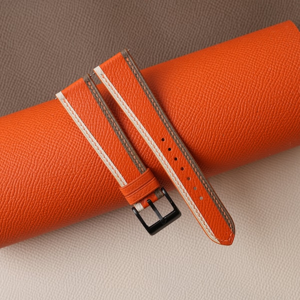 Tricolor Orange Epsom Leather Watch Strap ,Tricolor Orange Epsom Handmade Watch Strap, Epsom Strap Watch 16mm 18mm 19mm 20mm 21mm