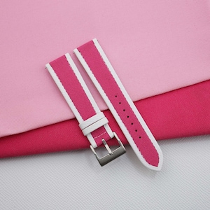 Handmade Pink Sailcloth Folded Edge Epsom Watch Strap, Folded Edge Sailcloth Pink Strap Bands  20mm 22mm Customize any size
