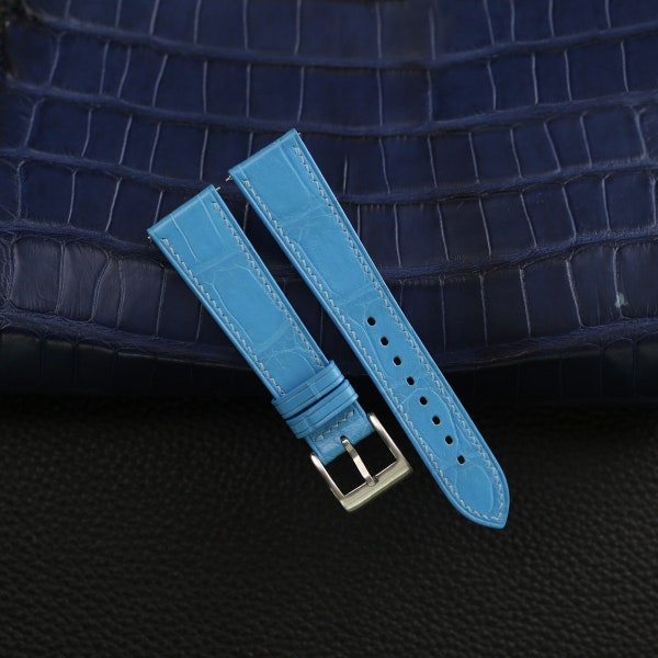 Handdn Watchstraps Miami Blue Leather Watch Strap, Miami Blue Alligator Strap Bands, Blue Alligator Leather Strap 16mm 18mm 20mm 22mm
