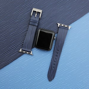 Navy Calfskin Waves Texture Apple Watch Band 38mm, 40mm, 41mm, 42mm, 44mm, 45mm, Navy Calf Leather Apple Watch Strap Gift Men Women