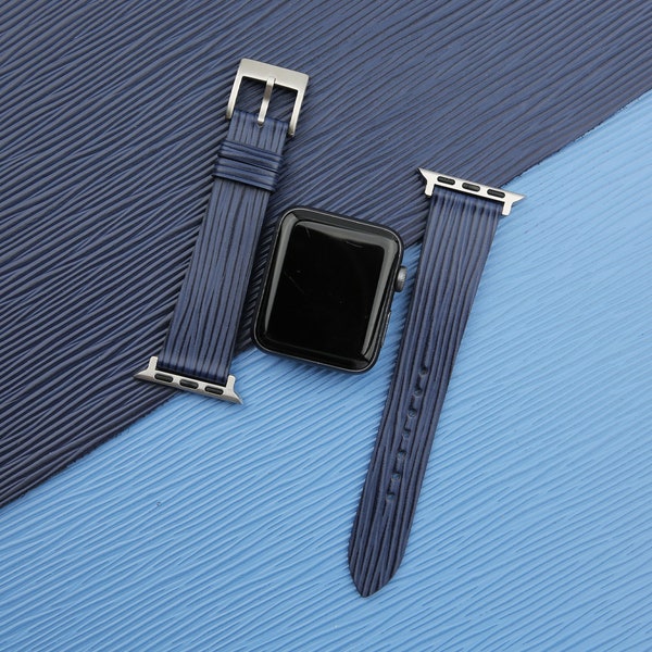 Bracelet pour Apple Watch cuir de veau bleu marine texturé vagues 38 mm, 40 mm, 41 mm, 42 mm, 44 mm, 45 mm, bracelet pour Apple Watch en cuir de veau bleu marine cadeau homme femme