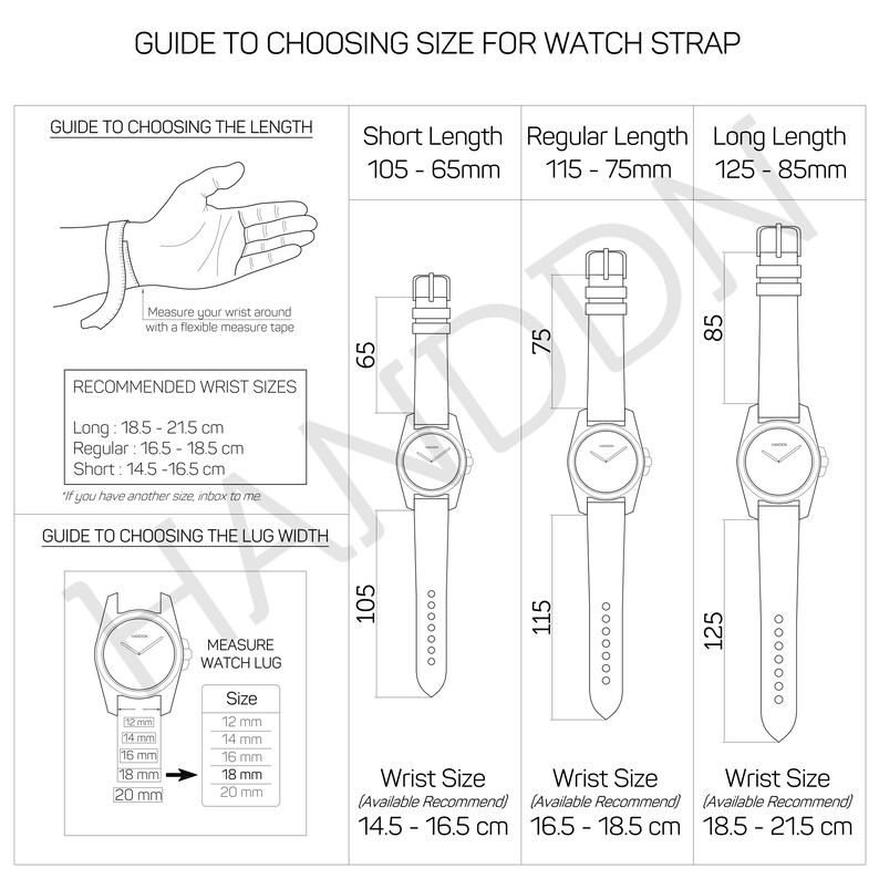 May include: A guide to choosing the right size for a watch strap. The guide includes a diagram of a wrist with a measuring tape, a table with recommended wrist sizes, and a diagram of a watch with different strap lengths. The guide also includes a section on measuring the lug width of a watch.