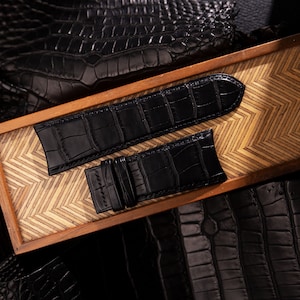 Curved End Black Alligator Folded Edge Lining Alligator Leather Watch Strap, Special Black Alligator Strap Bands 16mm 18mm 20mm 22mm