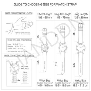 May include: A black and white diagram illustrating how to measure wrist size and watch lug width for watch straps. The guide shows short, regular, and long strap lengths with corresponding wrist sizes in centimeters. Includes text: "Guide to Choosing Size for Watch Strap."