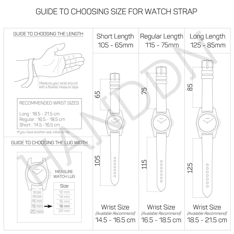 May include: A black and white diagram illustrating how to measure wrist size and watch lug width for watch straps. The guide shows short, regular, and long strap lengths with corresponding wrist sizes in centimeters. Includes text: "Guide to Choosing Size for Watch Strap."