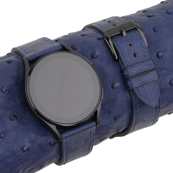 Bracelet de montre Samsung fait main en cuir d'autruche bleu marine compatible avec la montre Samsung Galaxy Watch 3 4 5 6 Active 1 2 Band Hommes Femmes