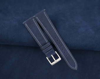 Handmade Navy Nubuck Leather Watch Strap, Classic Calfskin Band 16-24mm