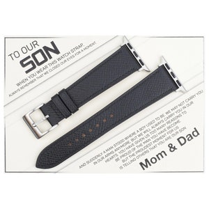 Correa de reloj de cuero Epsom negra, regalo para cumpleaños de hijo, graduado, Apple Watch, correa de 38 mm, 40 mm, 44 mm, 16 mm, 17 mm, 18 mm y 20 mm, hermosa tarjeta de regalo
