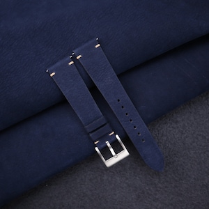 Vintage Navy Nubuck Leather Side-Stitch Watch Strap 19mm 20mm 21mm 22mm 23mm 24mm