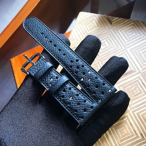 Black Rally Epsom Leather Watch Strap, Handmade Black Rally Leather Watch Strap, Black Epsom Strap Watch 16mm - 24mm