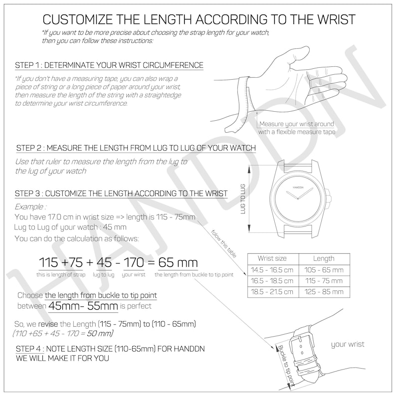 K&ouml;nnte beinhalten: Ein Diagramm, das zeigt, wie man die L&auml;nge eines Armbandes f&uuml;r ein Handgelenk misst. Das Diagramm enth&auml;lt eine Uhr, ein Lineal und eine Tabelle mit Handgelenksgr&ouml;&szlig;en und entsprechenden Armbandl&auml;ngen in Zentimetern und Millimetern. Der Text im Bild lautet: "Passen Sie die L&auml;nge an das Handgelenk an. Wenn Sie die Armbandl&auml;nge genauer w&auml;hlen m&ouml;chten, k&ouml;nnen Sie diese Anweisungen befolgen: Schritt 1: Bestimmen Sie Ihren Handgelenkumfang. Schritt 2: Messen Sie die L&auml;nge von Bandansto&szlig; zu Bandansto&szlig; Ihrer Uhr. Schritt 3: Passen Sie die L&auml;nge an das Handgelenk an. Schritt 4: Notieren Sie die L&auml;ngenangabe (110-65 mm) f&uuml;r Handdon. Wir werden sie f&uuml;r Sie herstellen."
