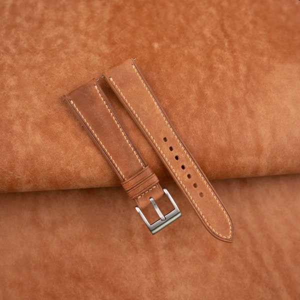 Handmade Golden Maya Leather Watch Strap, Smooth Golden Vegetable Tanned Calfskin Leather Watch Strap 16mm - 24mm Customize Any Size