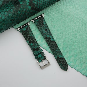 以下が含まれることがあります： 緑と黒のヘビ革模様の時計バンド、シルバートーンの金具付き。 時計バンドは、複雑な鱗模様を示す、質感のある緑色の表面に表示されています。 スマートウォッチ用に設計されています。