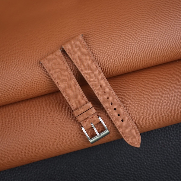 Saffiano Golden Brown Leather Strap Bands, Handmade Golden Brown Saffiano Leather Watch Strap, Saffiano Strap Watch 16mm - 24mm