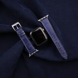 Handmade Blue Alligator Leather Apple Watch Band 38mm, 40mm, 41mm, 42mm, 44mm, 45mm For All Series