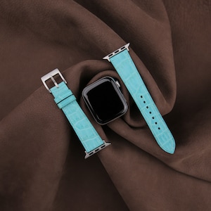 ハンドメイドターコイズブルーアリゲーターレザーApple Watchバンド38mm、40mm、41mm、42mm、44mm、45mm全シリーズ対応