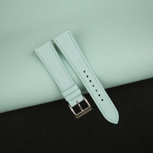 Turquoise  Blue Saffiano Leather Strap Bands, Handmade Blue Saffiano Leather Watch Strap, Saffiano Strap Watch 16mm - 24mm