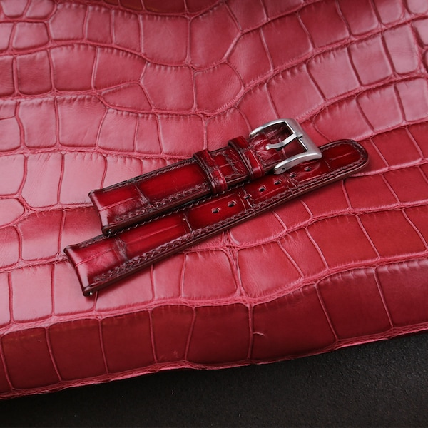 Patina Red Alligator Leather Watch Strap, Handmade Alligator Red Strap Bands 16mm 19mm 18mm 20mm 22mm 23mm