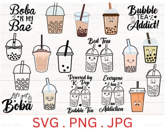 Té de burbujas SVG / Té Boba / Té con leche / Kpop y té Boba / Paquete de imágenes prediseñadas de té con leche lindo / Comida y bebida / Descarga instantánea / Svg Png Jpg
