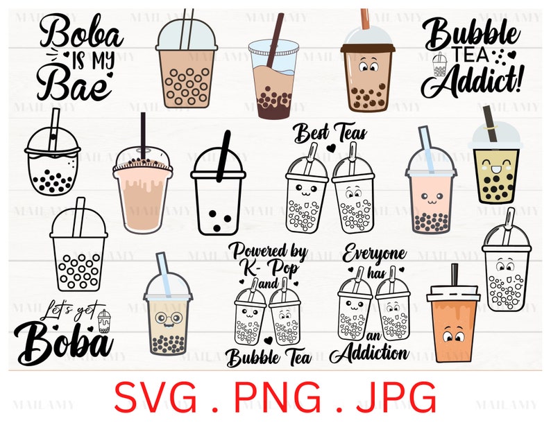 Bubble Tea SVG Boba Tea Milk Tea Kpop and Boba Tea Cute Milk Tea Clipart Bundle Food and Drink Instant Download Svg Png Jpg image 1