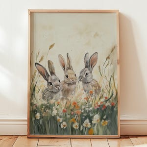 Rabbit Printable Wall Art – Cottagecore Bunny Painting, Spring Meadow Watercolor, Woodland Animal Nursery Decor, Digital Download