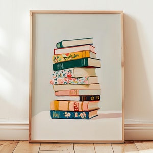 Bücherliebe - Blumen Stapel Bücher Kunst - Digital Druckbares Dekor - Gemütliche Leseecke - Geschenke für Buchliebhaber