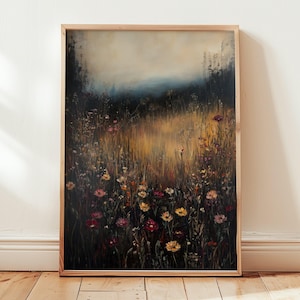 Arte de pared con flores silvestres de tono oscuro y melancólico, decoración floral imprimible, impresión botánica vintage, descarga digital, estética cottagecore