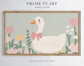 Frame TV Art | Cottagecore Goose Print with Bow | Vintage Farmhouse Decor Digital Download