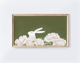 Bunny & Peonies Frame TV Art: Spring Floral Painting (Digital Download)