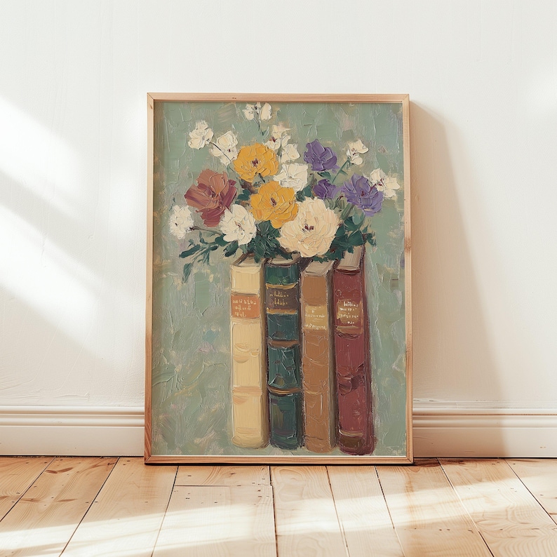Floral Book Stack Art Print: Vintage Bookish Decor (digital Download ...