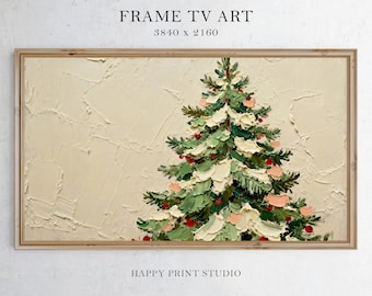May include: A framed digital art print featuring a textured, impressionistic Christmas tree. The tree is painted in shades of green, with red and pink ornaments. The background is a light beige with the text "FRAME TV ART" and "HAPPY PRINT STUDIO".