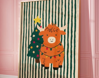 Christmas Highland Cow Art Print, Farmhouse Nursery Decor (Digital Download)