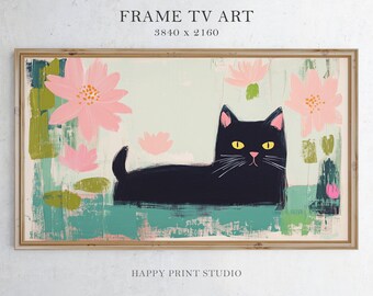 Black Cat with Pink Flowers Samsung Frame TV Art (Digital Download)