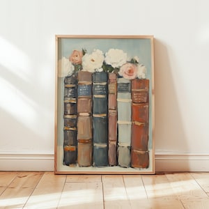 Bookish Wall Art - Floral Stack of Books Art - Digital Printable Decor - Cozy Reading Nook - Gifts for Book Lovers