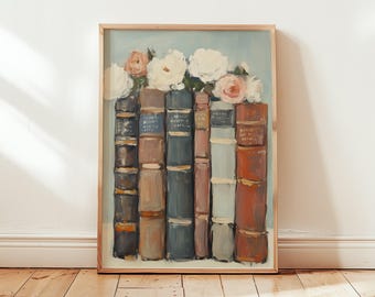 Floral Book Stack Art Print: Vintage Bookish Decor (Digital Download)