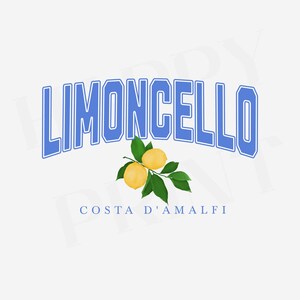 May include: White graphic tee with the word "LIMONCELLO" in blue, arched text. A sprig of lemons with green leaves is below the text. The text "COSTA D'AMALFI" is below the lemons.