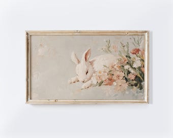 Sleeping Bunny Floral Painting: Serene Easter Frame TV Art (Digital Download)