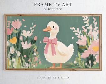 Samsung Frame TV Art | Spring Goose Print with Bow | Vintage Farmhouse Decor Digital Download