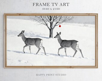 Christmas Deer Frame TV Art, Winter Holiday Scene (Digital Download)