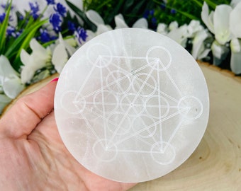 4" Metatron's Cube Etched Selenite Charging Plate