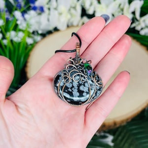 Wire Wrapped Pumpkin Pendant | Snowflake Obsidian | Oxidized Copper | Hand Made