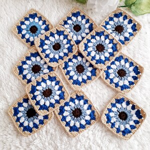 12 Pieces Granny Squares Finished Hand Crochet, Blue Granny Square ...