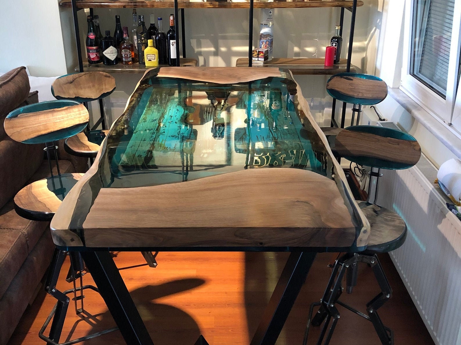 Walnut wood black table Epoxy gold leaf ding table Large Etsy